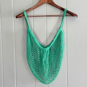 Vtg Cotton Crochet Market Bag Green French Market Thriftcore Boho Tote Cotton